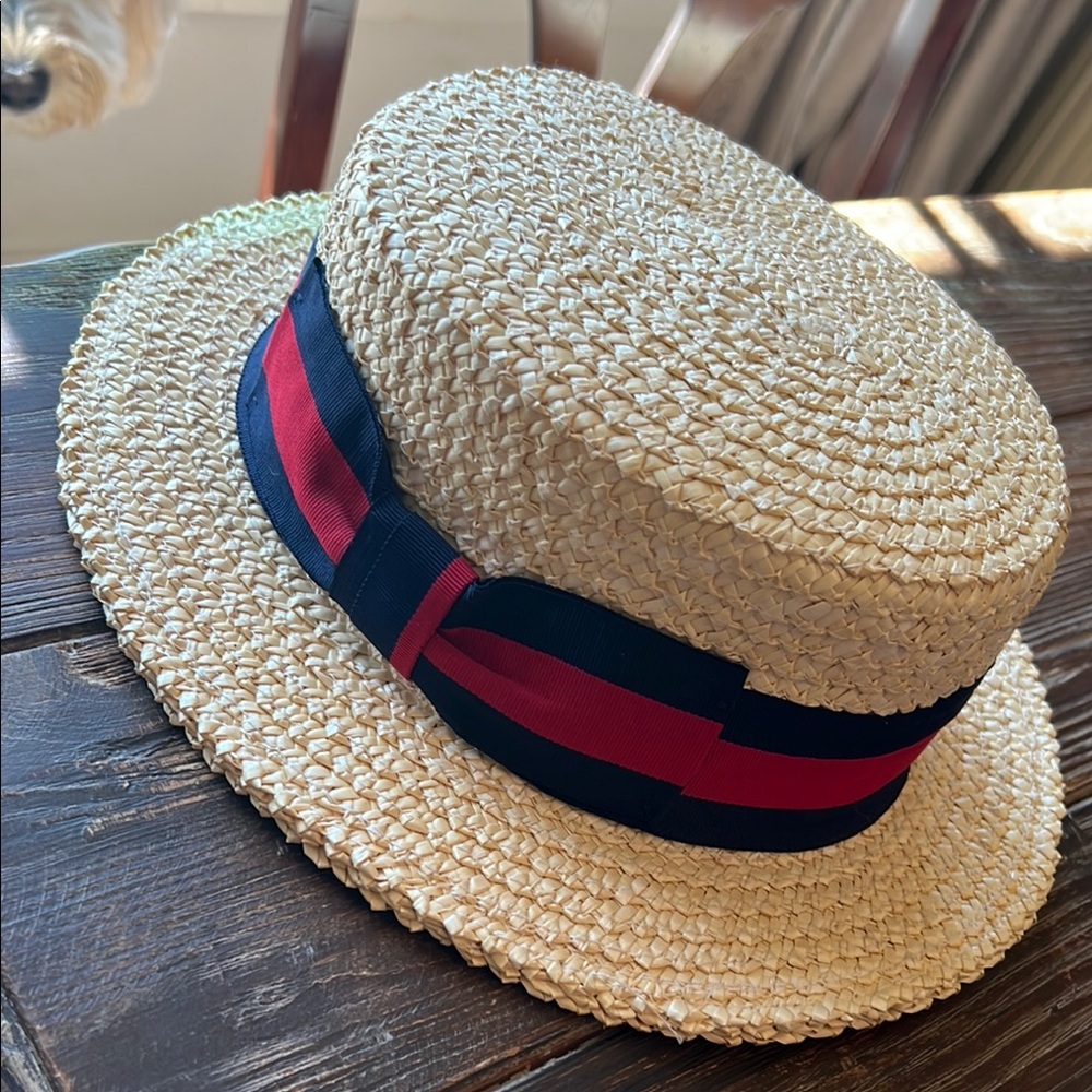 SCALA Straw Boater Hat with Red and Blue Ribbon - Picture 3 of 15